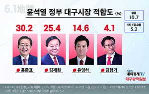 대구시장 적합도 조사 홍준표 30.2%,김재원 25.4% `초박빙' 윤석열 정부 탄생 기여 후보 김재원 37.9% 홍준표 19.5%