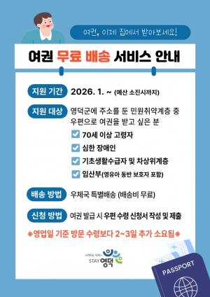 영덕군, 민원 취약계층 여권 무료 배송서비스 시행